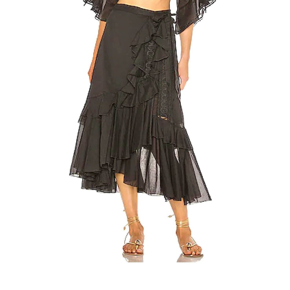 NEW CHARO RUIZ black midi wrap skirt voile guipure ruffle hem summer resort XS